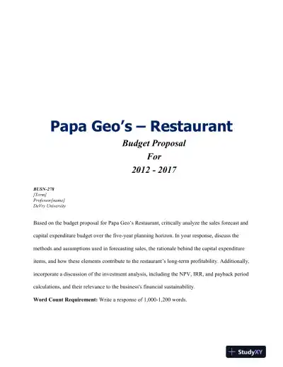 BUSN-278 Papa Geo�s � Restaurant DeVry University - Page 1 preview image