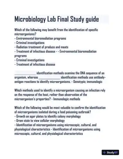 Microbiology Lab Final Study guide with Answers (115 Solved Questions) - Page 1 preview image