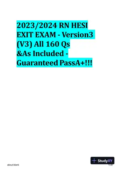 2023-2024 RN HESI Exit Exam Version 3 with Answers (53 Solved Questions) - Page 1 preview image