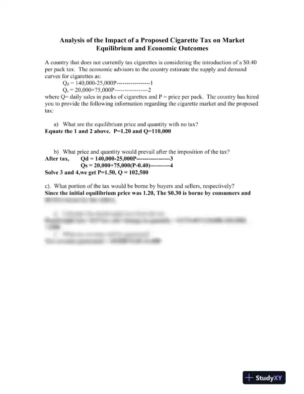 Analysis of the Impact of a Proposed Cigarette Tax on Market Equilibrium and Economic Outcomes - Page 1 preview image