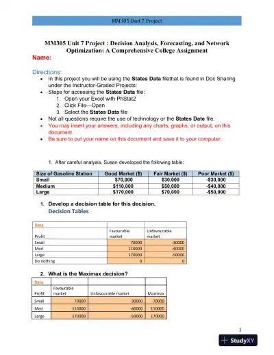 MM305 Unit 7 Project : Decision Analysis, Forecasting, and Network Optimization: A Comprehensive College Assignment - Page 1 preview image