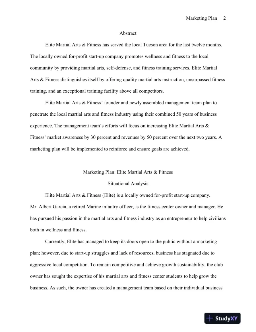 MBA570 Marketing Plan: Elite Martial Arts & Fitness University of Phoenix, page 3