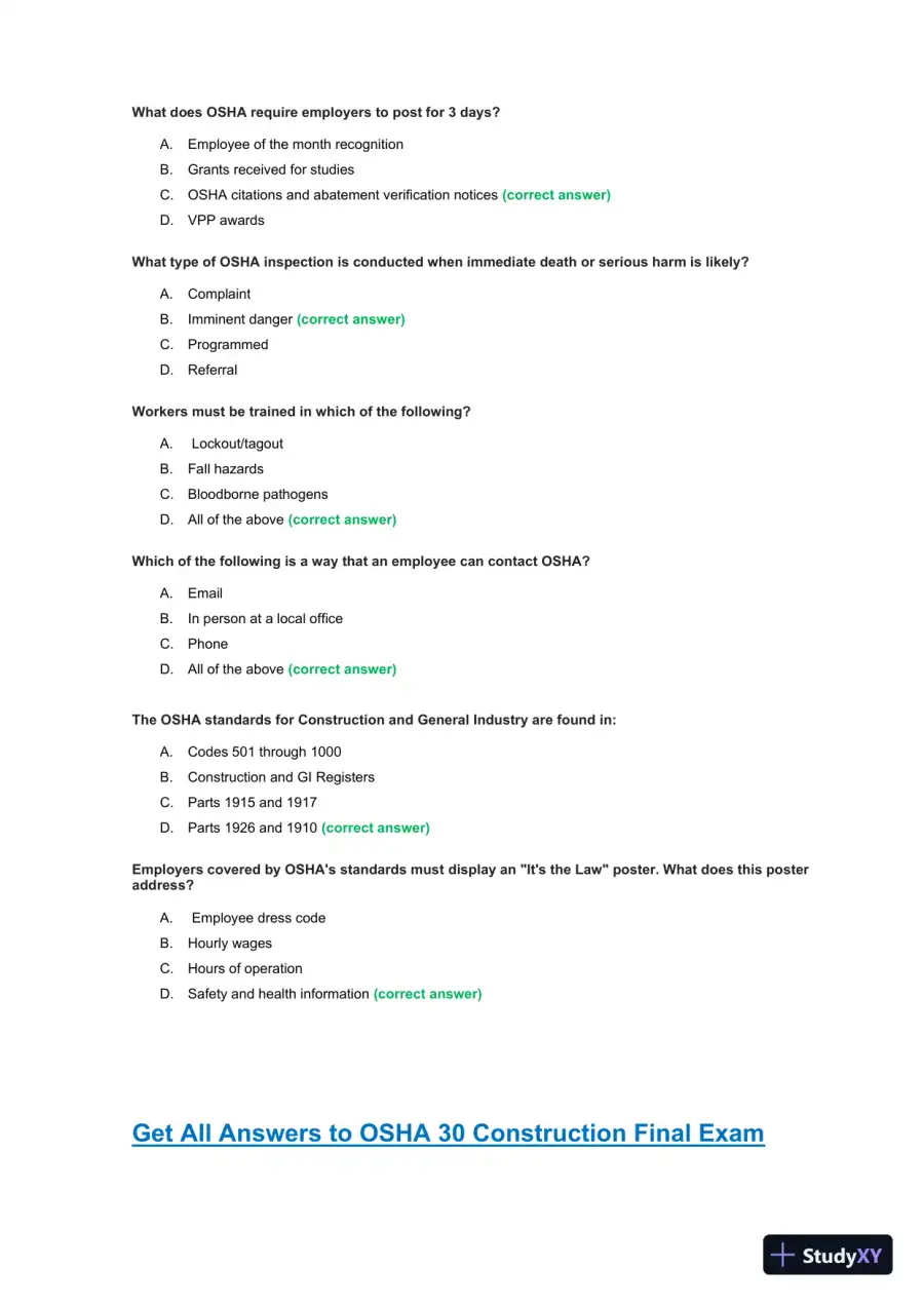 OSHA30 Construction Final Exam with Answers (436 Solved Questions), page 10