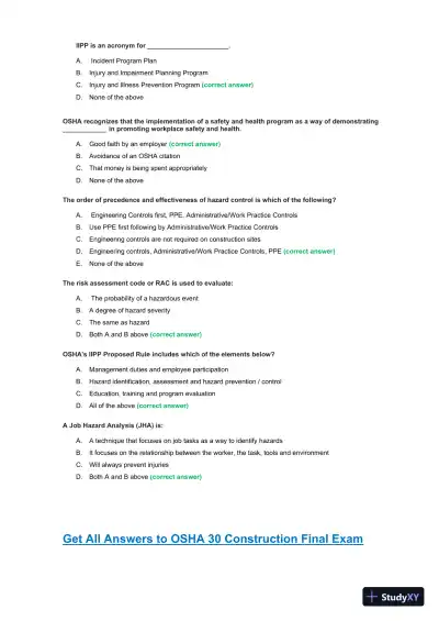 OSHA30 Construction Final Exam with Answers (436 Solved Questions) - Page 14 preview image