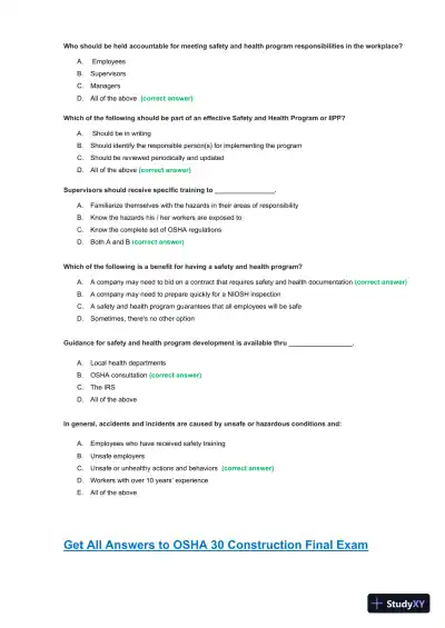 OSHA30 Construction Final Exam with Answers (436 Solved Questions) - Page 16 preview image