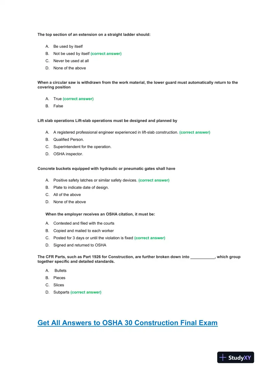 OSHA30 Construction Final Exam with Answers (436 Solved Questions), page 8