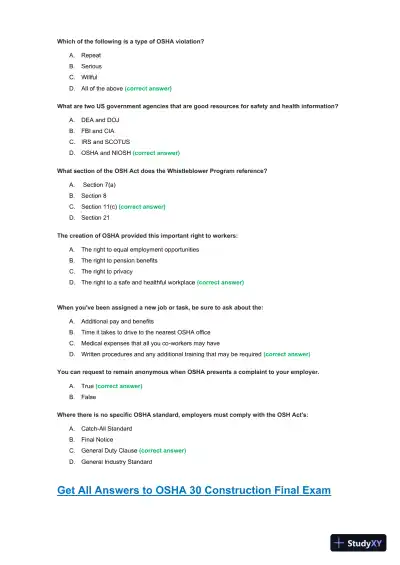 OSHA30 Construction Final Exam with Answers (436 Solved Questions) - Page 9 preview image