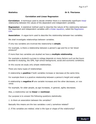 Statistics: Correlation and Linear Regression - Page 1 preview image