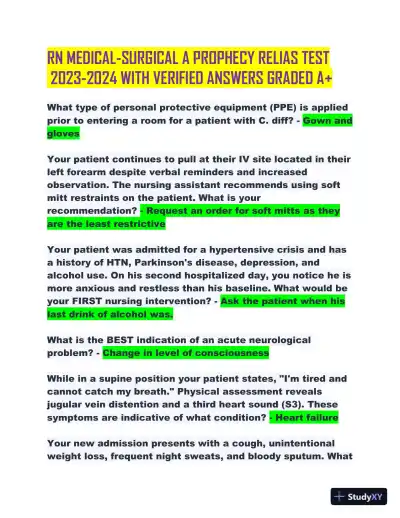2023-2024 RN Medical Surgical Nursing A Prophecy Relias Test With Answers (100 Solved Questions) - Page 1 preview image