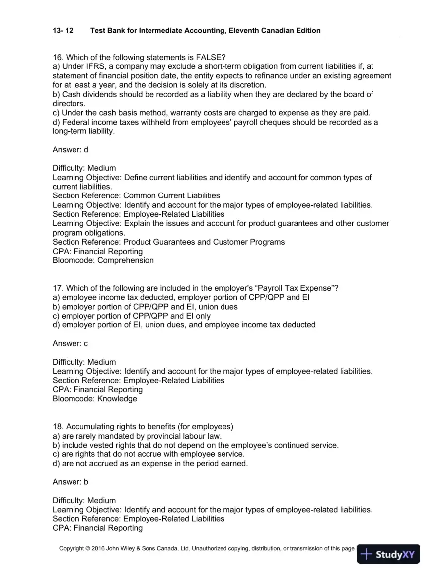 Test Bank For Intermediate Accounting: Volume 1, 11th Canadian Edition, page 13
