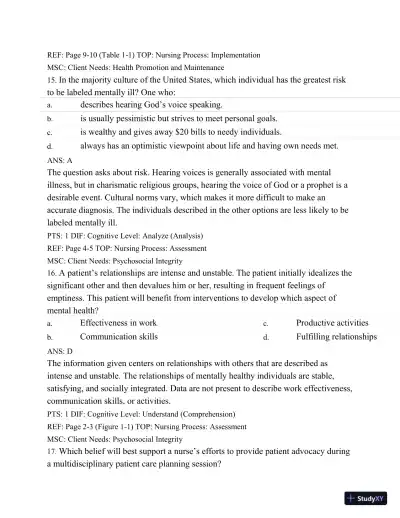 Test Bank For Varcarolis' Foundations Of Psychiatric Mental Health Nursing: A Clinical Approach, 7th Edition - Page 8 preview image