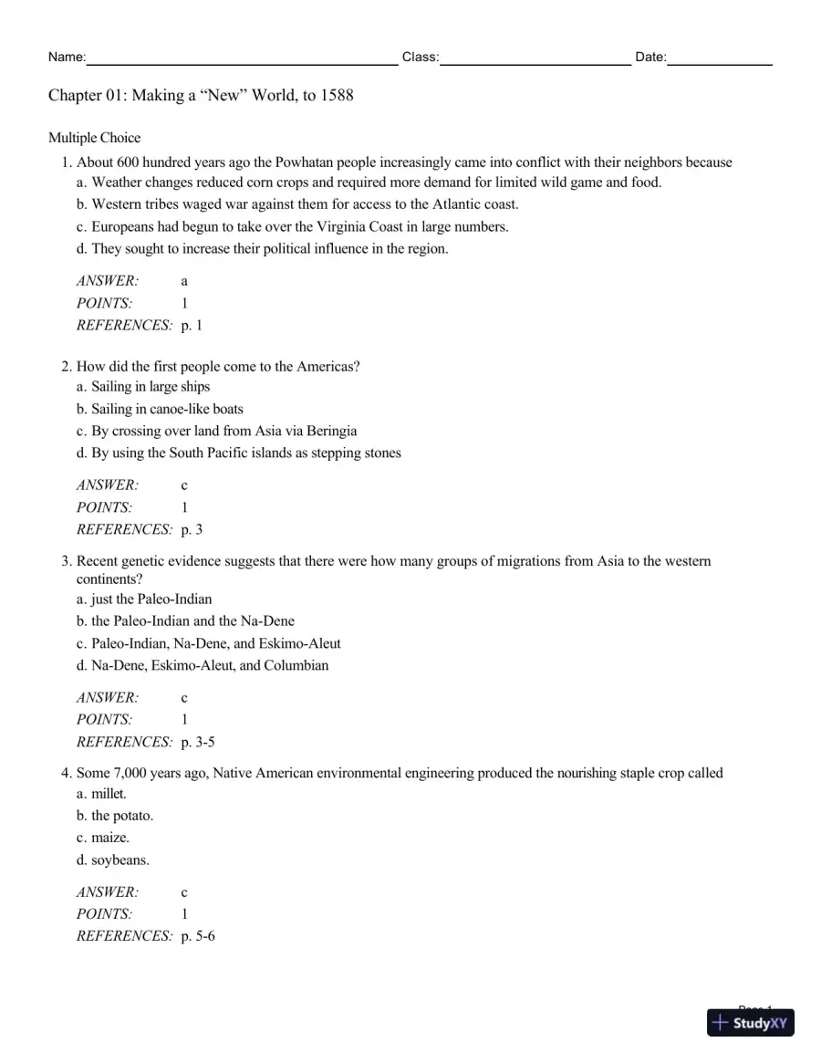 Cengage Advantage Books: Making America, Volume 1 To 1877: A History Of The United States, 7th Edition Test Bank, page 16