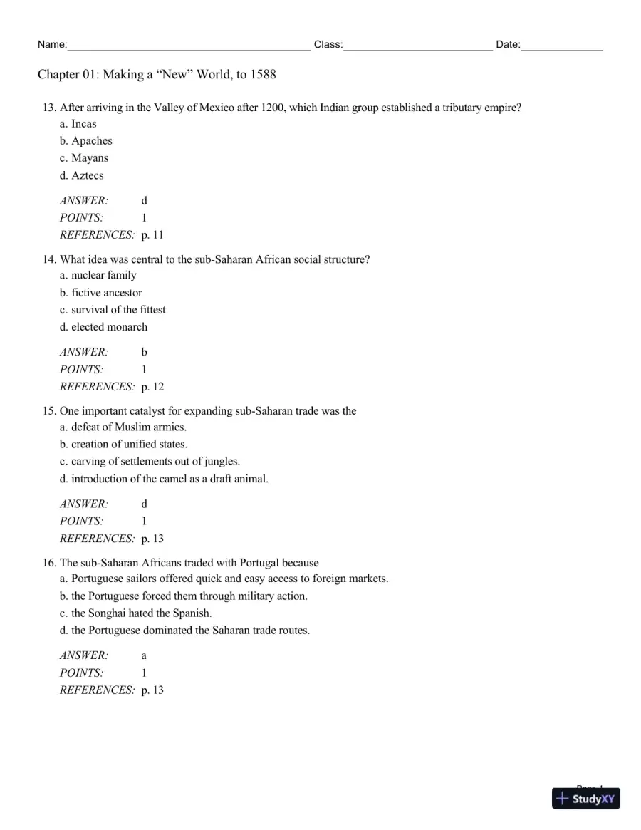 Cengage Advantage Books: Making America, Volume 1 To 1877: A History Of The United States, 7th Edition Test Bank, page 19