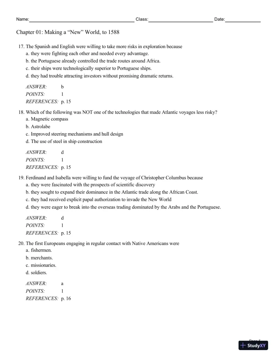 Cengage Advantage Books: Making America, Volume 1 To 1877: A History Of The United States, 7th Edition Test Bank, page 20