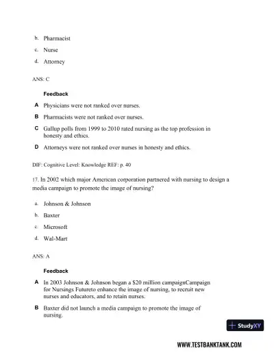 Professional Nursing: Concepts & Challenges 8th Edition Test Bank - Page 26 preview image