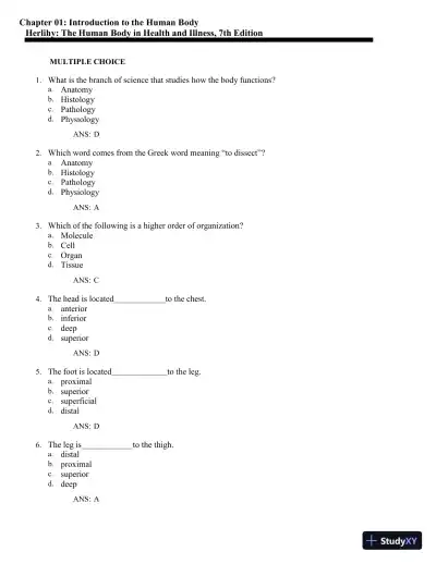 Test Bank for The Human Body in Health and Illness, 7th Edition (Chapters 1-27) - Page 3 preview image