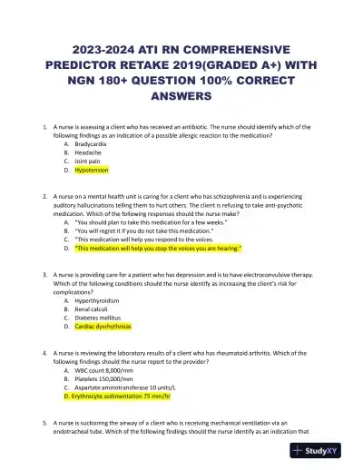 2019, 2023-2024 ATI RN Comp Predictor With Answers (177 Solved Questions) - Page 1 preview image