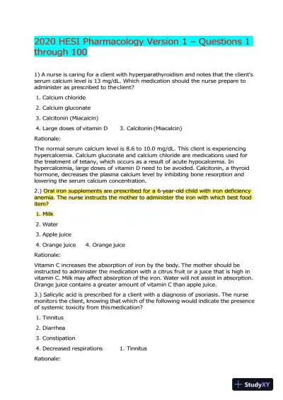 2020 HESI Pharmacology Version 1 With Answers (100 Solved Questions) - Page 1 preview image