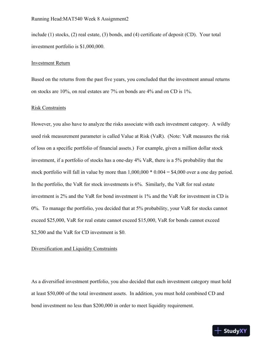 MAT540 Week 8 Assignment: Optimizing Investment Portfolios: A Linear Programming Approach to Maximizing Returns and Managing Risk, page 3