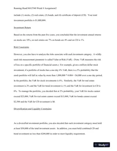 MAT540 Week 8 Assignment: Optimizing Investment Portfolios: A Linear Programming Approach to Maximizing Returns and Managing Risk - Page 3 preview image