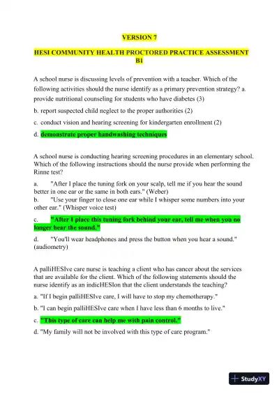 2021 HESI Community Health Proctored Exam Version 7 With Answers (50 Solved Questions) - Page 1 preview image