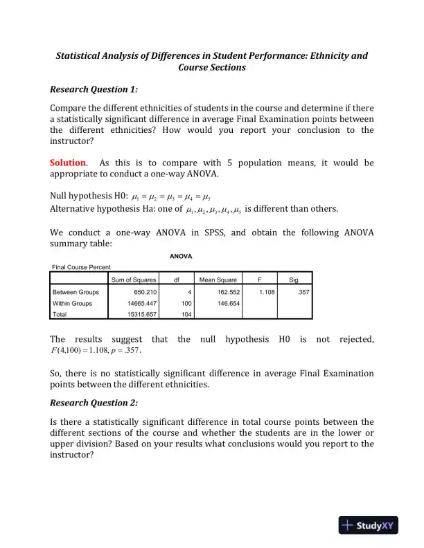 Statistical Analysis of Differences in Student Performance: Ethnicity and Course Sections - Page 1 preview image