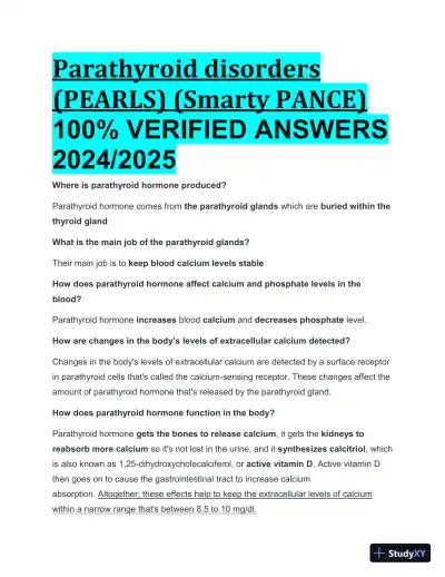 2024-2025 Parathyroid Disorders (PEARLS) (Smarty PANCE) with Answers (52 Solved Questions) - Page 1 preview image