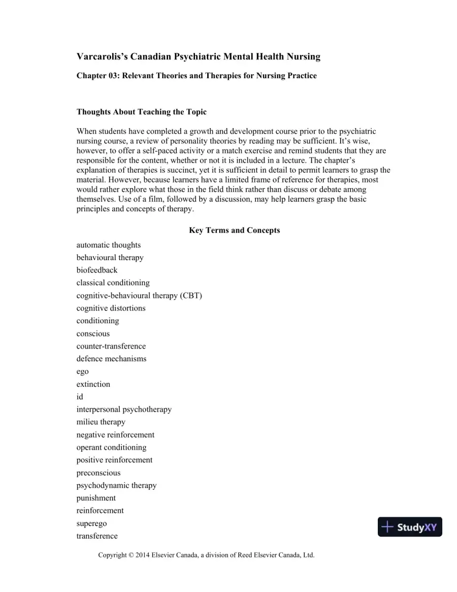 Varcarolis's Canadian Psychiatric Mental Health Nursing, Canadian Edition, 1st Edition Class Notes, page 14