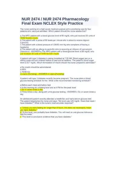 NUR 2474 Pharmacology Final Exam NCLEX Style Pract - Page 1 preview image