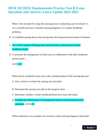 2022-2023 HESI Fundamentals of Nursing Practice Exam With Answers (163 Solved Questions) - Page 1 preview image