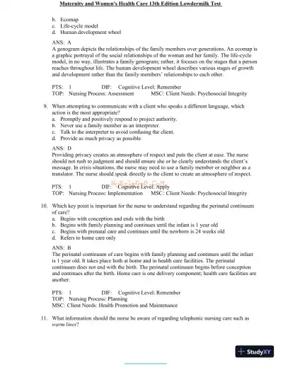 Test Bank for Maternity and Women's Health Care, 13th Edition (Chapters 1-37) - Page 14 preview image