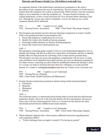 Test Bank for Maternity and Women's Health Care, 13th Edition (Chapters 1-37) - Page 27 preview image