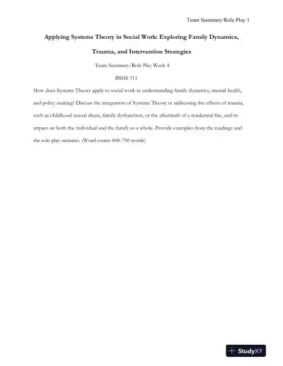 BSHS 311 Applying Systems Theory in Social Work: Exploring Family Dynamics, Trauma, and Intervention Strategies - Page 1 preview image