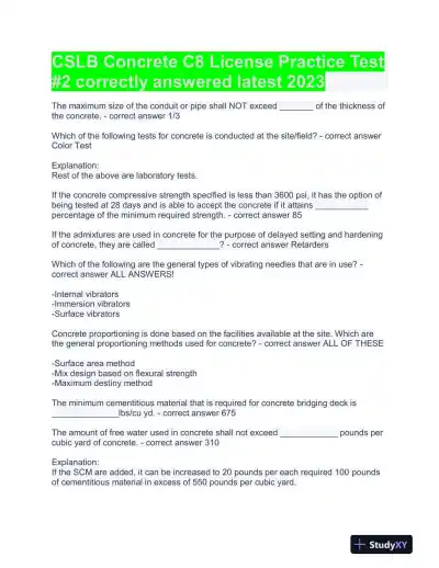 2023 CSLB Construction Concrete C8 License Practice Test With Answers (73 Solved Questions) - Page 1 preview image