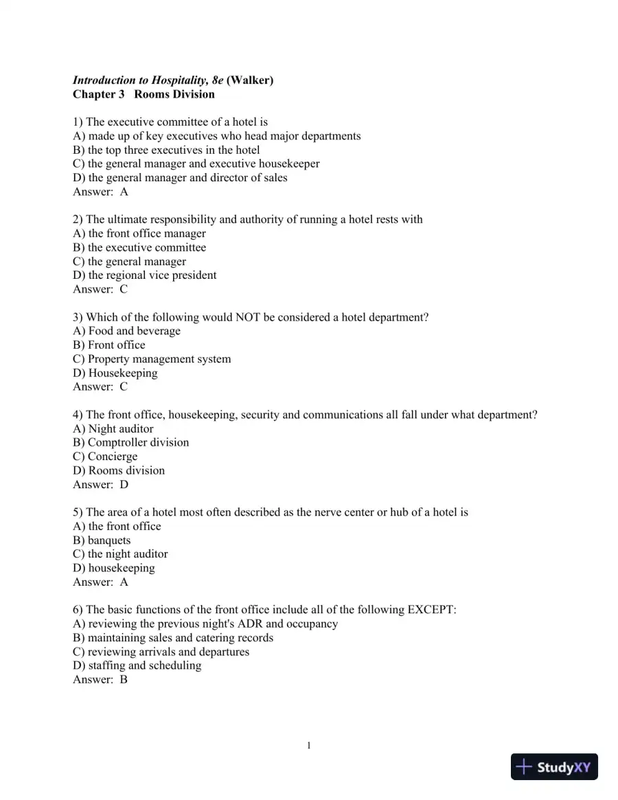 Test Bank for Introduction to Hospitality , 8th Edition, page 14