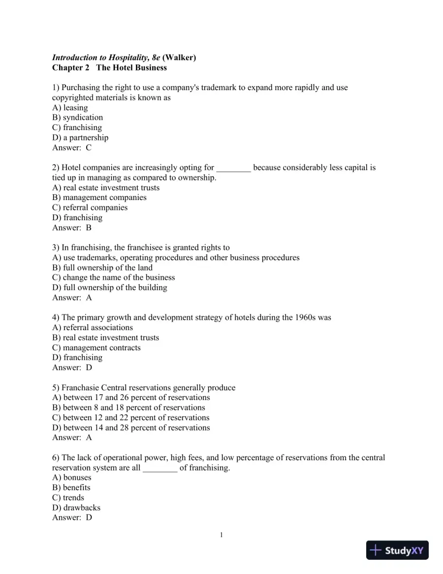 Test Bank for Introduction to Hospitality , 8th Edition, page 8