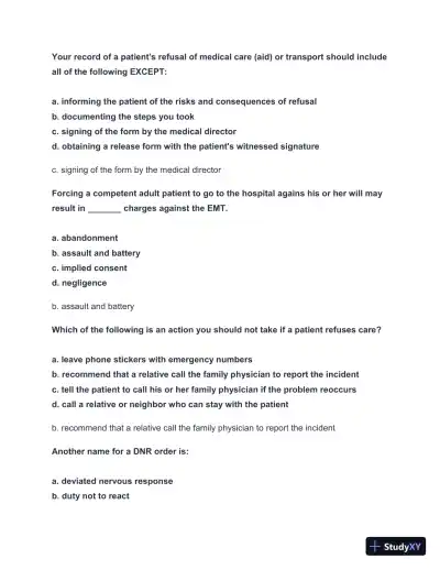 2024-2025 EMT FISDAP Readiness Practice Exam with Answers (161 Solved Questions) - Page 4 preview image
