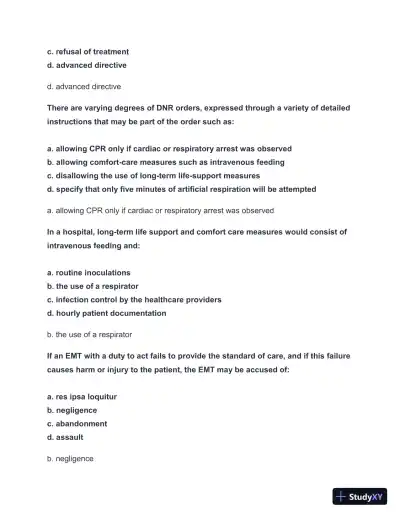2024-2025 EMT FISDAP Readiness Practice Exam with Answers (161 Solved Questions) - Page 5 preview image
