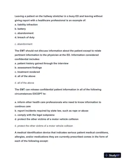 2024-2025 EMT FISDAP Readiness Practice Exam with Answers (161 Solved Questions) - Page 6 preview image