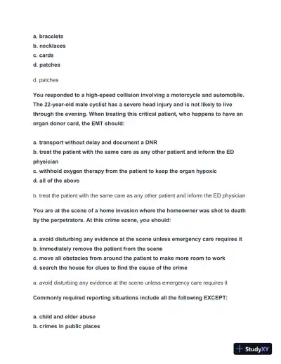 2024-2025 EMT FISDAP Readiness Practice Exam with Answers (161 Solved Questions) - Page 7 preview image