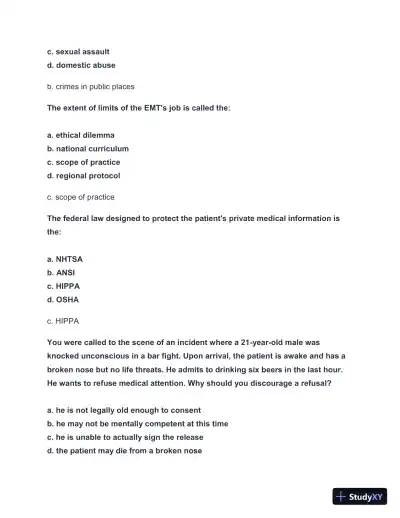 2024-2025 EMT FISDAP Readiness Practice Exam with Answers (161 Solved Questions) - Page 8 preview image