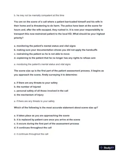 2024-2025 EMT FISDAP Readiness Practice Exam with Answers (161 Solved Questions) - Page 9 preview image