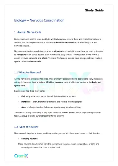 Biology - Nervous Coordination - Page 1 preview image