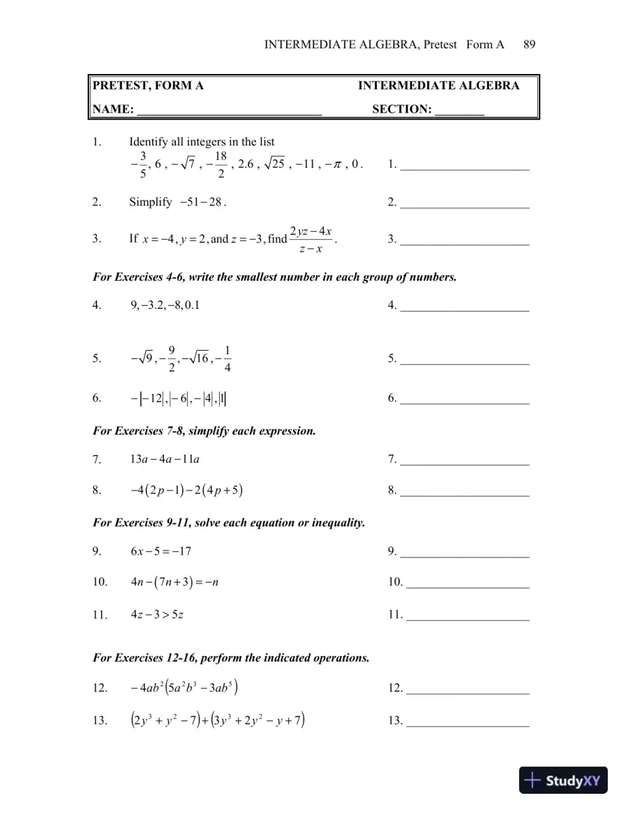 Test Bank for Intermediate Algebra, 13th Edition, page 3