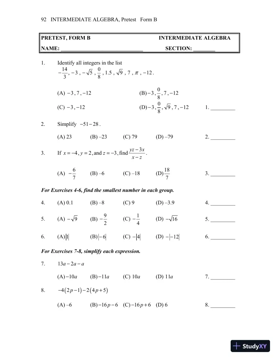 Test Bank for Intermediate Algebra, 13th Edition, page 6