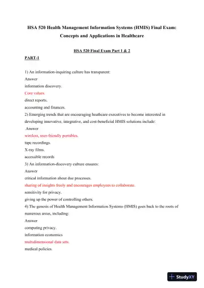 HSA 520 Health Management Information Systems (HMIS) Final Exam: Concepts and Applications in Healthcare - Page 1 preview image