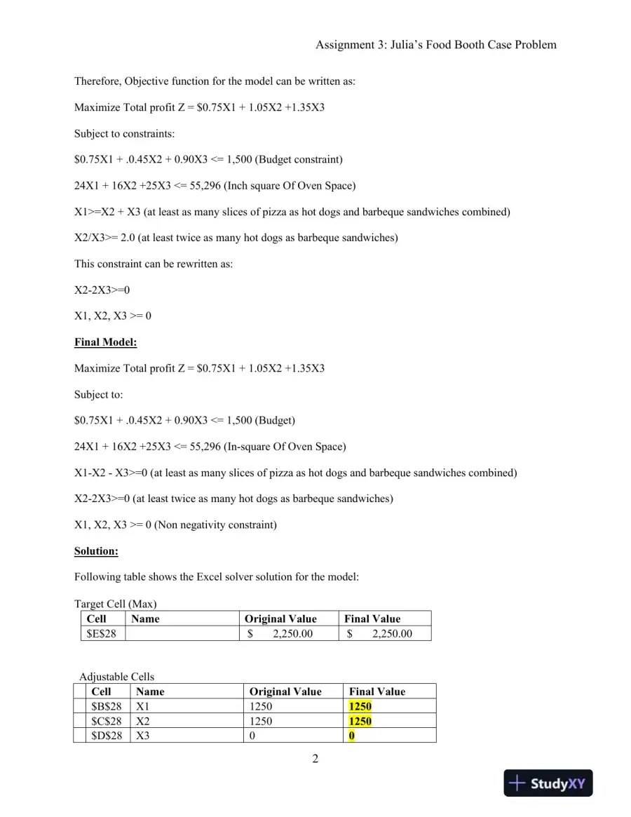 Analyzing the Profitability of Leasing a Booth for Food Sales at a Sports Event: A Linear Programming Approach, page 3