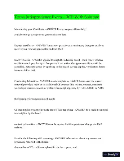 Texas Jurisprudence Exam RCP With Solution with Answers (48 Solved Questions) - Page 1 preview image
