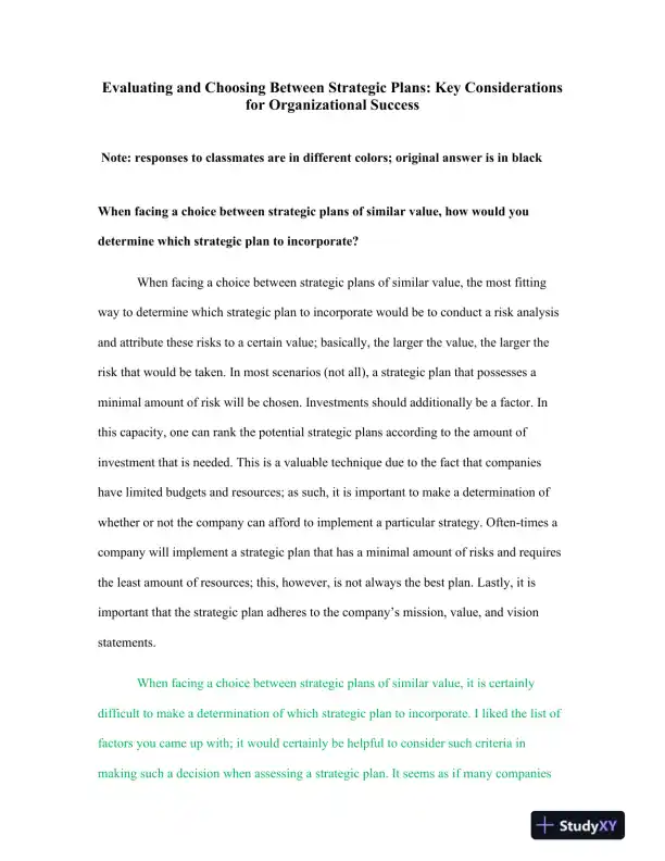 Evaluating and Choosing Between Strategic Plans: Key Considerations for Organizational Success - Page 1 preview image