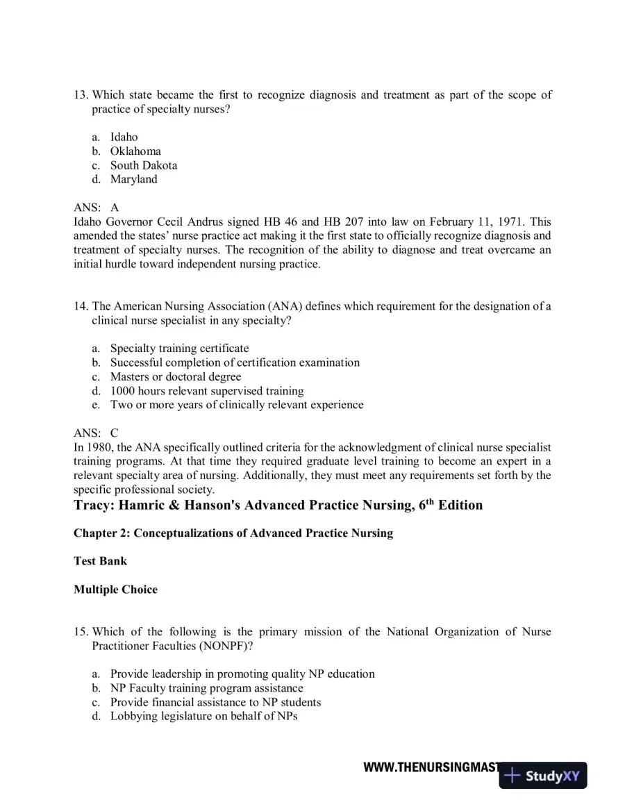 Test Bank For Hamric and Hanson's Advanced Practice Nursing, 6th Edition, page 6